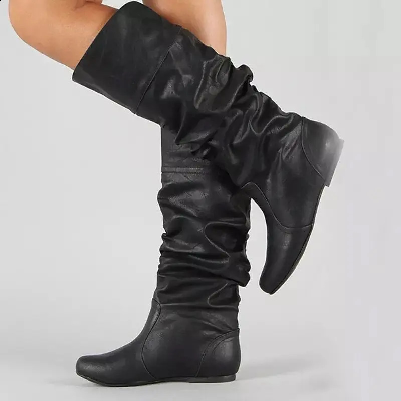 Women Flat Boots Fashion Pleated Leather Boots Autumn Spring Slip on Mid-Calf Shoes for Women Black Winter High Boots Large 250411