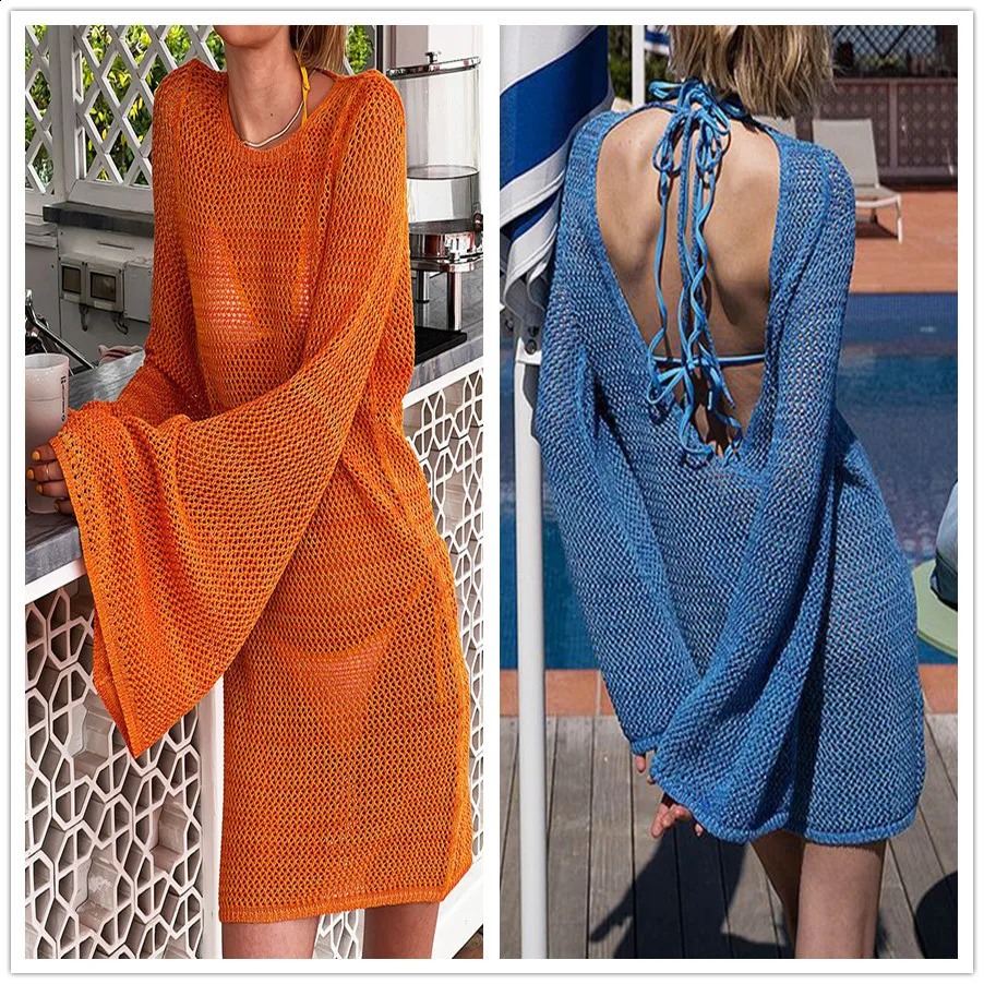 Summer Sun Protection Women Long Sleeve Kaftan Bikini Beach Dress Backless Solid Biquinis Cover Ups Kimono See Through 250411