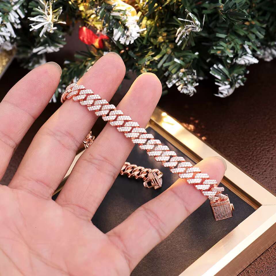 Factory Custom 10k Rose Gold Cuban Bracelet 10mm 12mm Moissanite Cuban Chain Hip Hop Jewelry Womens Bracelet and Necklace