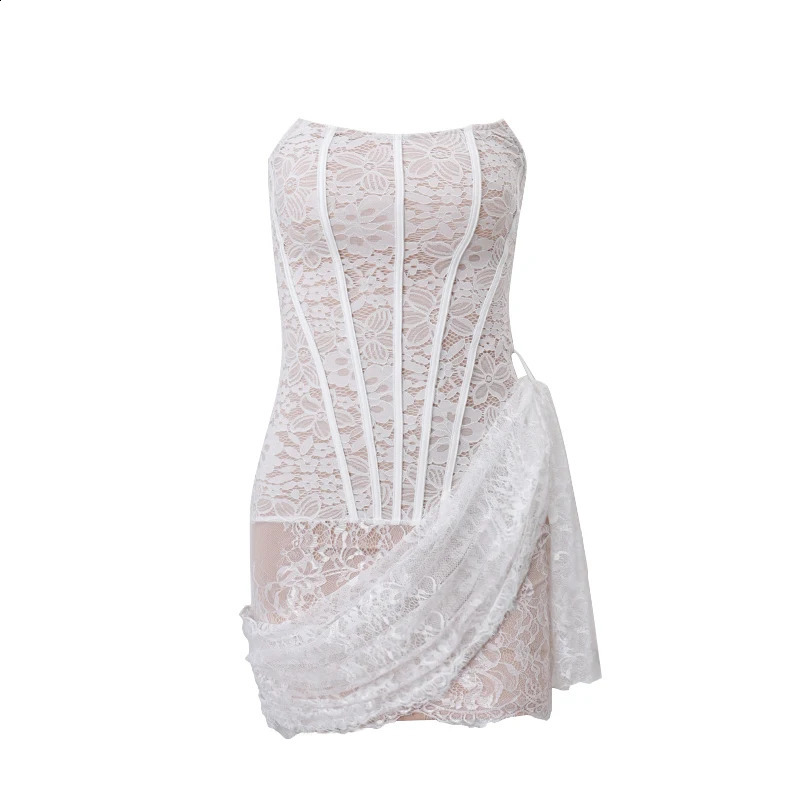 Candy elegant lace strapless sexy see through dress with irregular bandages mini dress summer ultra-thin street party dress 250408