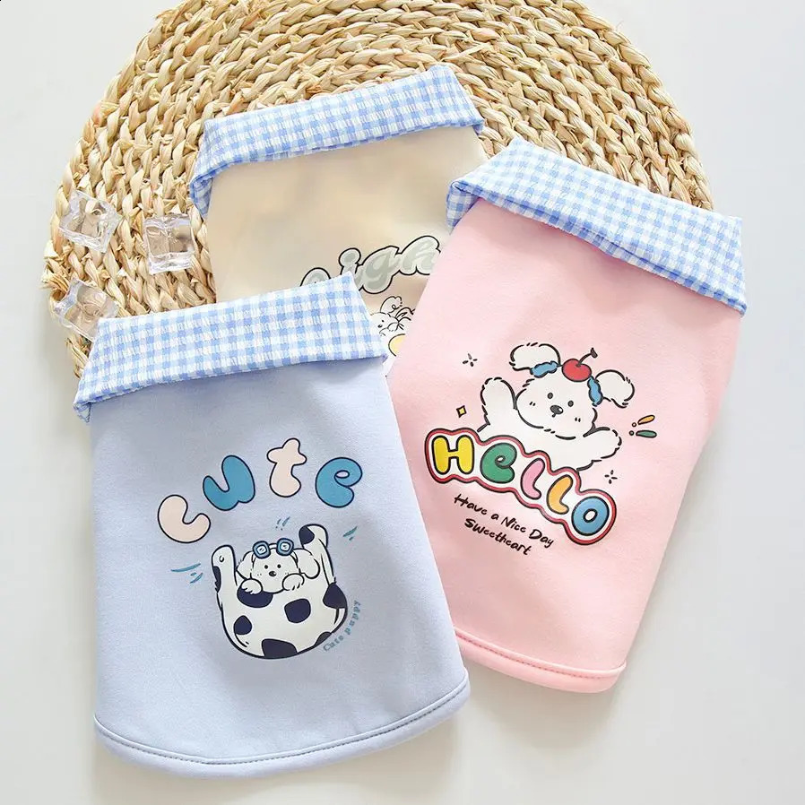 Spring and summer cute little dog cartoon print plaid collar cardigan princess style cat and dog clothes smaller than Xiong 250407
