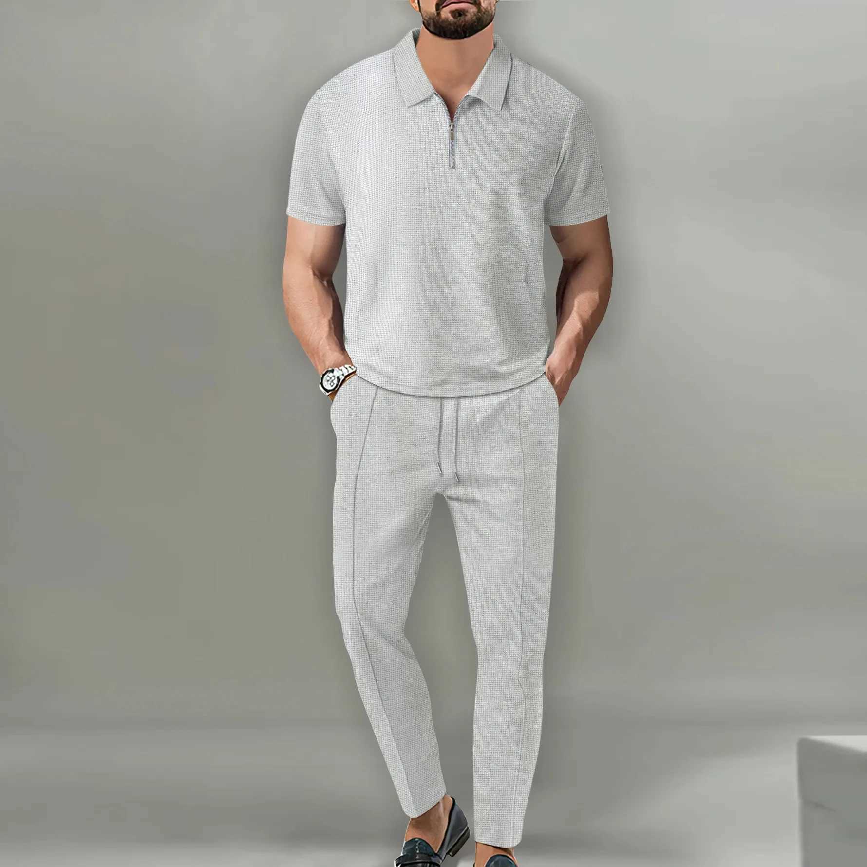 Spring 2024 New European and American Foreign Trade Mens Solid Color Set Waffle Neck Short Sleeve Zipper Pants SetXJ250412