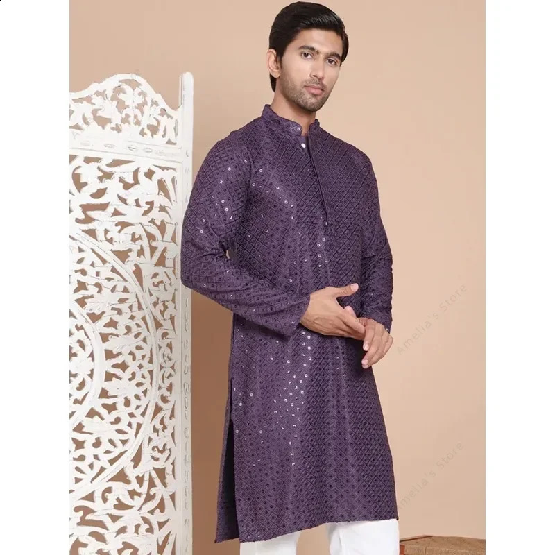 Indian mens Kurta Tunic cotton lightweight long shirt sequins stand up collar wedding festival ethnic costume top 250411