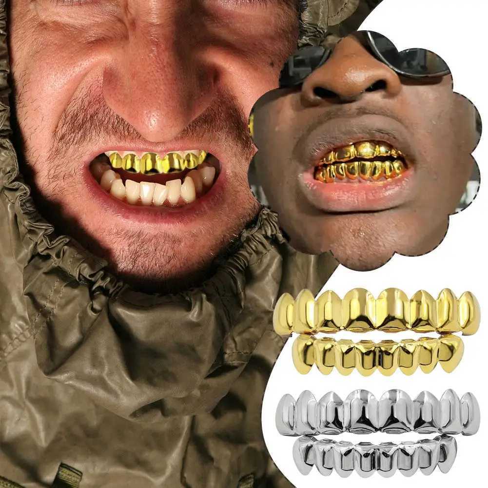 Gold plated silver plated HIP HOP teeth Grillz top and bottom grill set with genuine silicone shiny teeth set W250412