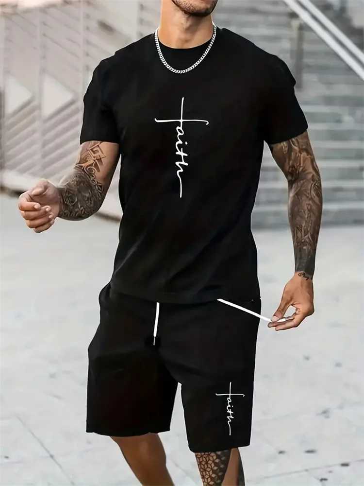 Mens T-shirt and shorts set fashionable mens cross printed short sleeved two-piece set oversized outdoor beach sports mens plus size setXJ250412