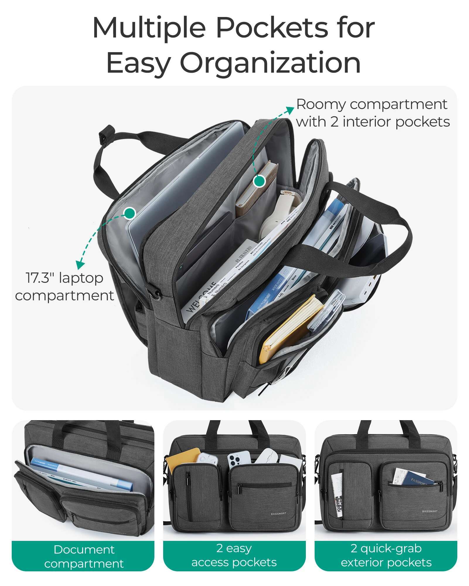 BAGSMART Laptop Bag For Men 3 In 1 Computer Briefcase 17.3 Inch Water- Notebook Cover Business Travel Office Backpack