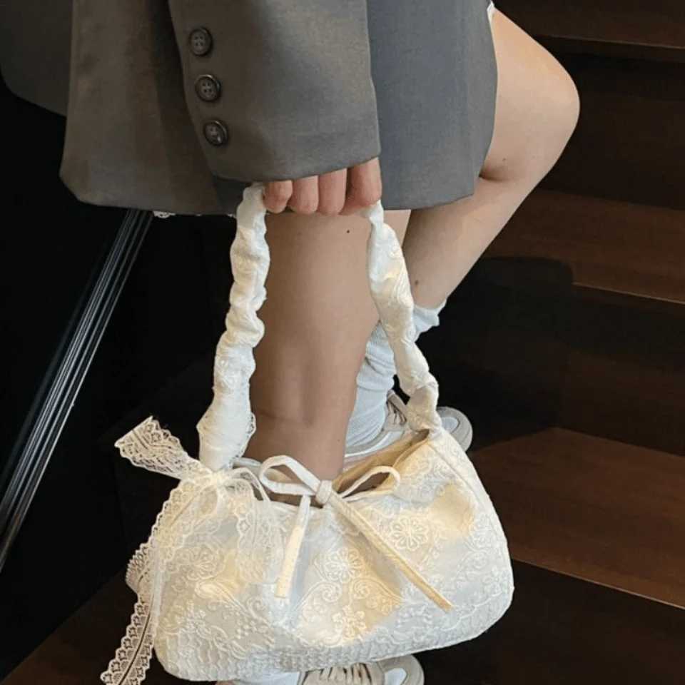 Shopping Tote Bag Lace Shoulder Bag Pleated Strap With Ribbon Simple Canvas Handbag Cloth Simple Large Capacity Bag GirlsT2511112