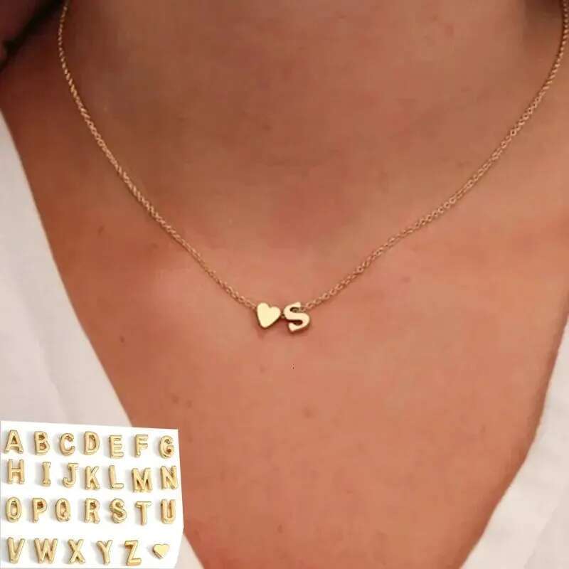 26 Letters Fashion Tiny Heart Dainty Initial Necklace Gold Sier Color Letter Name Choker For Women Pendant Jewelry Gift