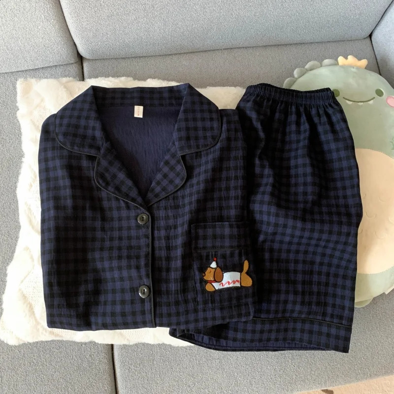Embroidery Dog Sweet Fashion Cute Pajamas Set for Women Plaid Lapel Neck Elastic Waist n Pajamas Short Casual Nightwear 250411