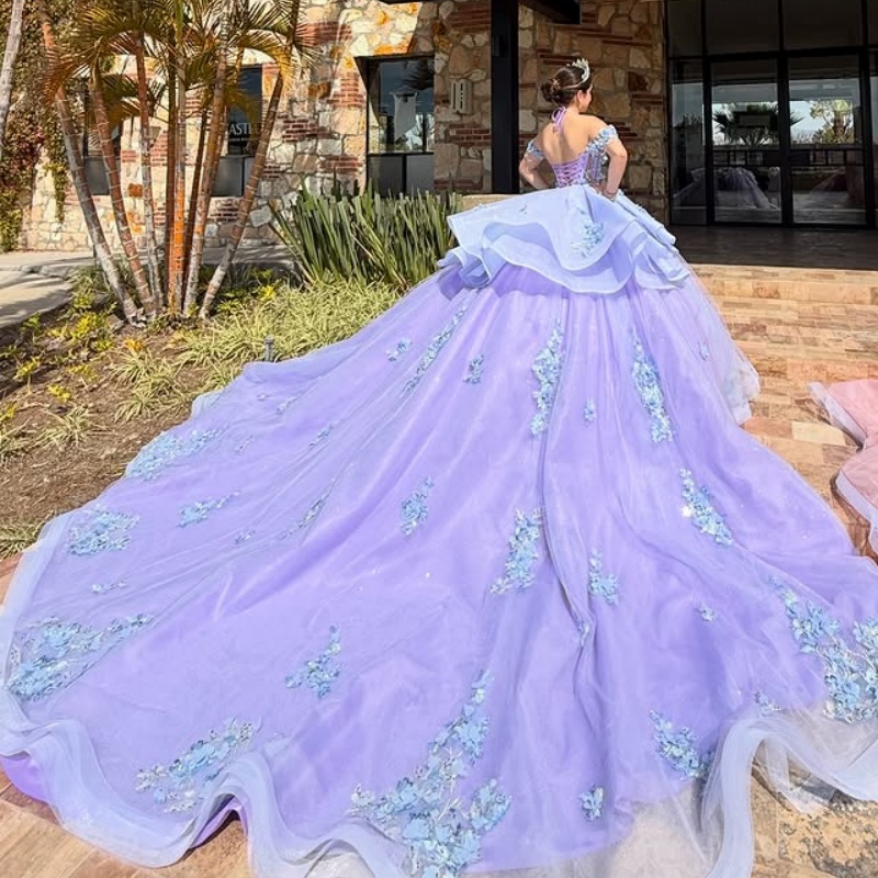 Lavender Sky Blue Princess Quinceanera Dresses Off Shoulder Applique Flower Beads Tull Corset Sweet 16 Dress Ball Gown Vestidos 15 De Anos