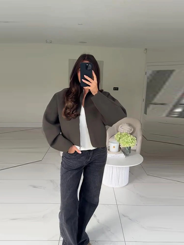 Olive Green Womens Short Coat High Neck Full Sleeve Zipper Up Oversized Cropped Jacket 2025 Autumn Female Daily Casual Outwear 251111