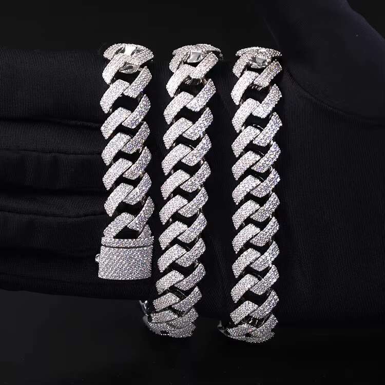 Wholesale Silver 925 Wide 15mm 3 Rows Plated White Gold Cuban Necklace with GRA D/VVS Moissanite