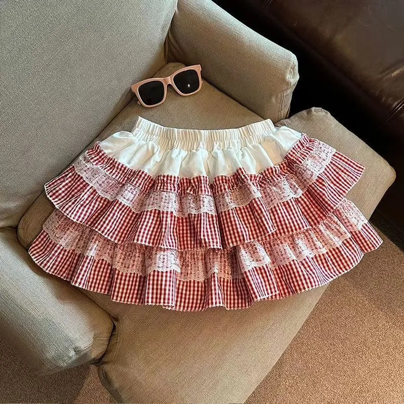 Sexy sweet lace plaid puffy skirt for women American summer casual simple color block cake slim high waist skirt for s 2025 250411