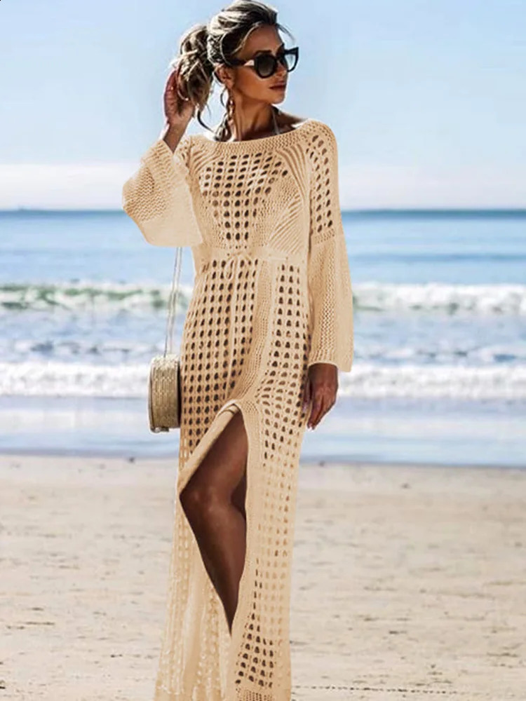 OIINAA Beach Cover-Ups Women Swimsuit Cover Up Solid Hollow Out Lace Up Long Sleeve Slit Cut Beach Long Dress Summer Fashion 250411