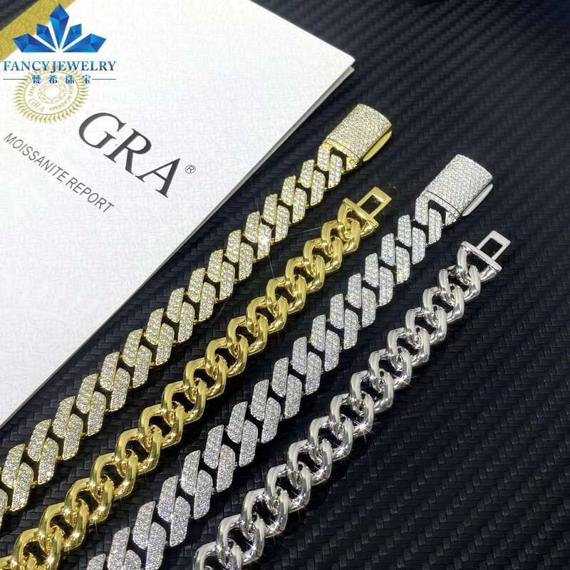 Hip Hop Style 925 Sterling Silver Miami Cuban Chain 12mm Width High Quality Gold Plated Iced Out Moissanite Cuban Link Chain