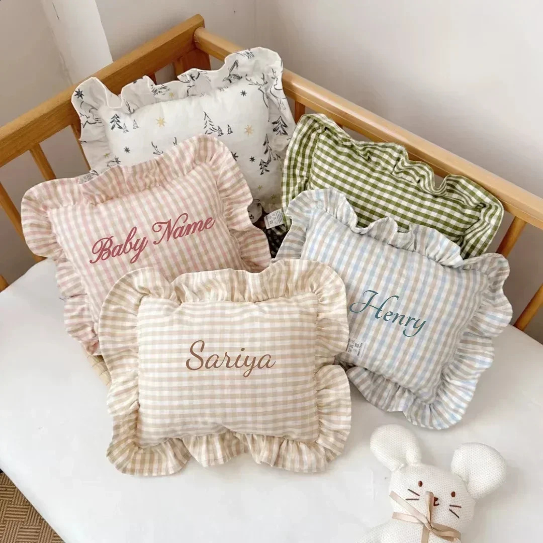 Custom Name Nordic Style Cotton Baby Small Pillow 28x34cm with Ruffles Kids Cushion Baby born Bedding Pillows Cushions Room 250411