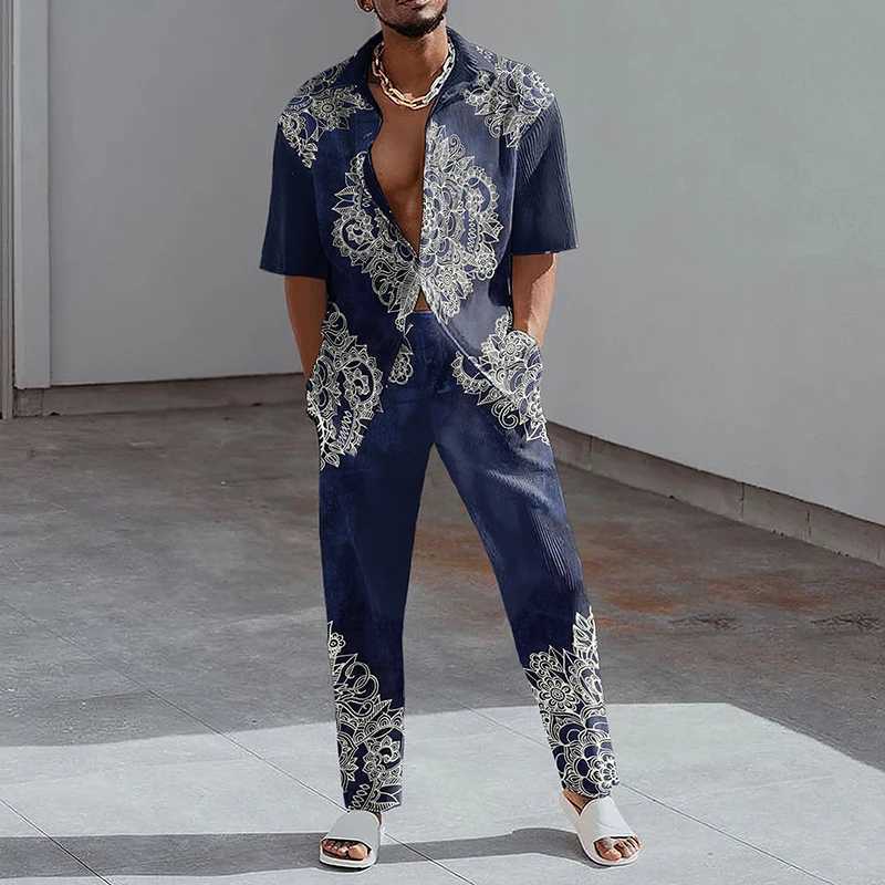 2023 Fashion Printed Two Piece Set Mens Collar Button Short Sleeve Shirt and Straight Pants Set Mens Summer Casual ClothingXJ250412