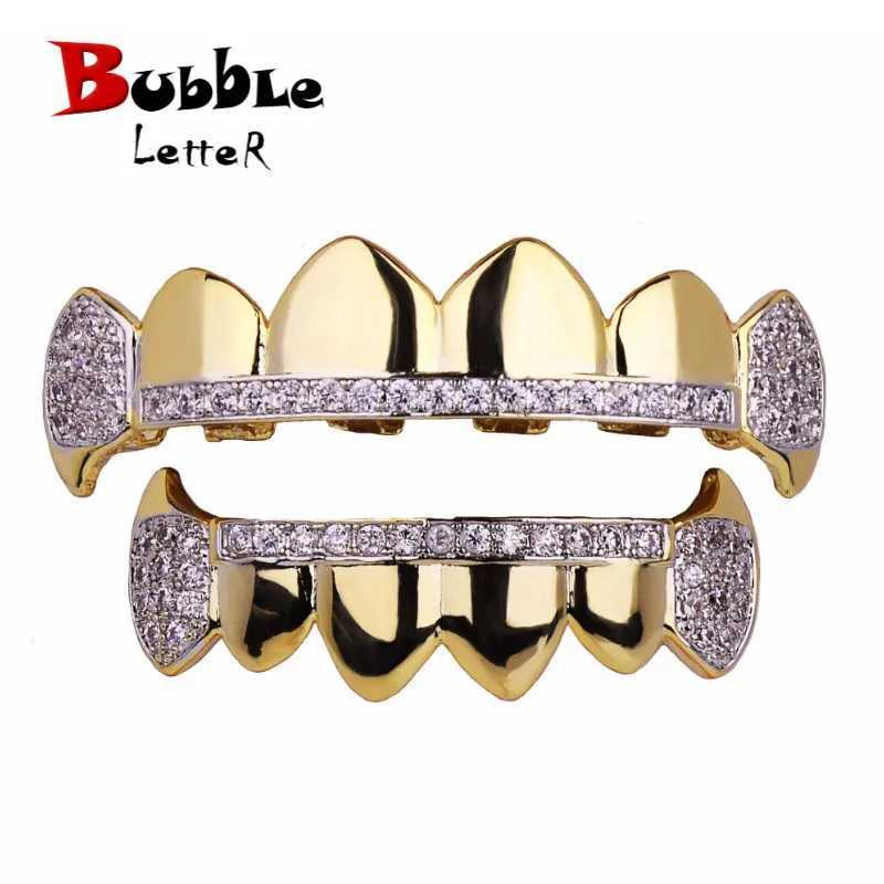 Bubble Letter Hip Hop Grilz Teeth Ice Zircon Square Mouth Tooth Cap Top and Bottom Teeth Set Female Vampire Fashion Jewelry W250412