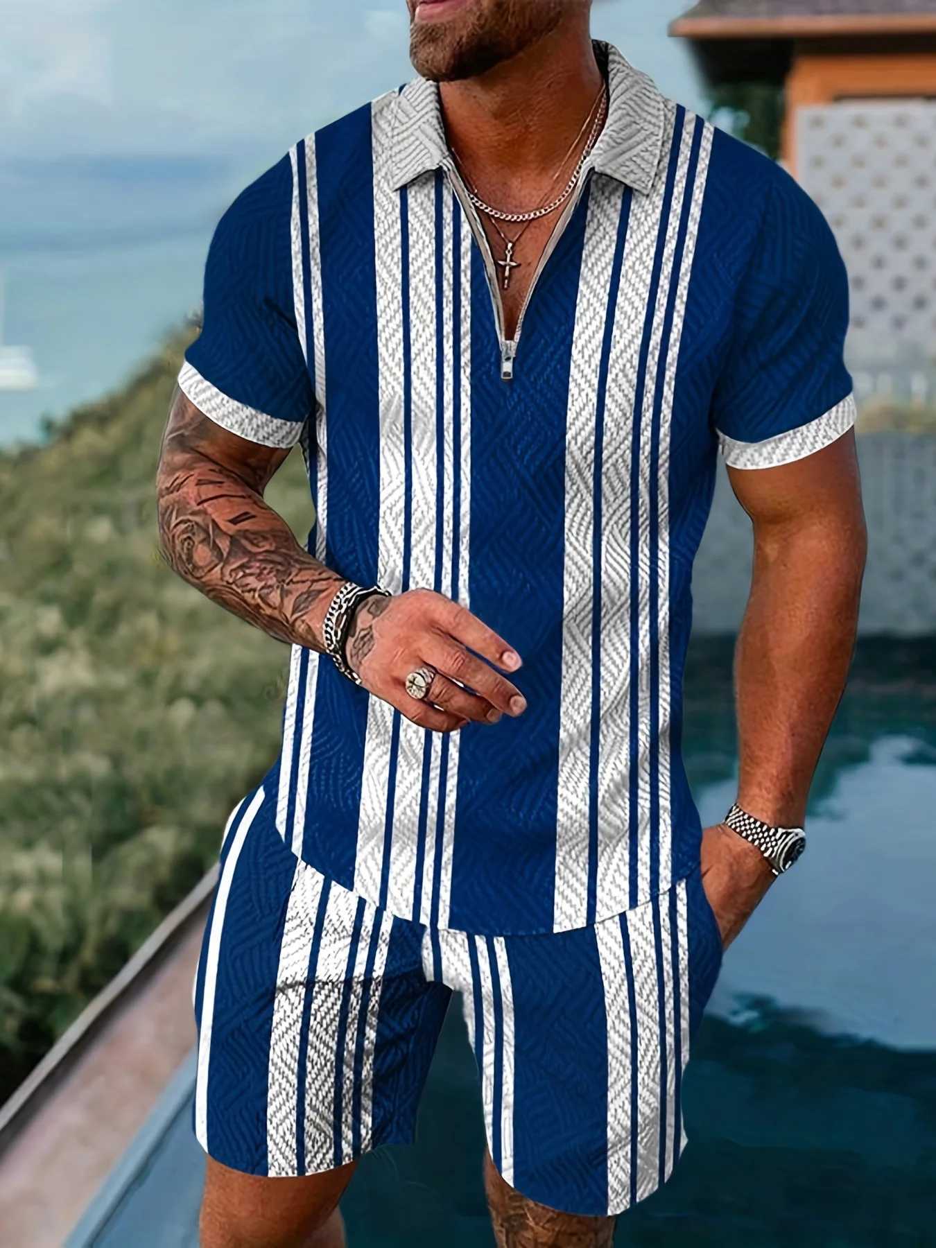 Summer new mens sportswear 3D printed short sleeved zipper polo shirt 2-piece set for mens oversized streetwearXJ250412