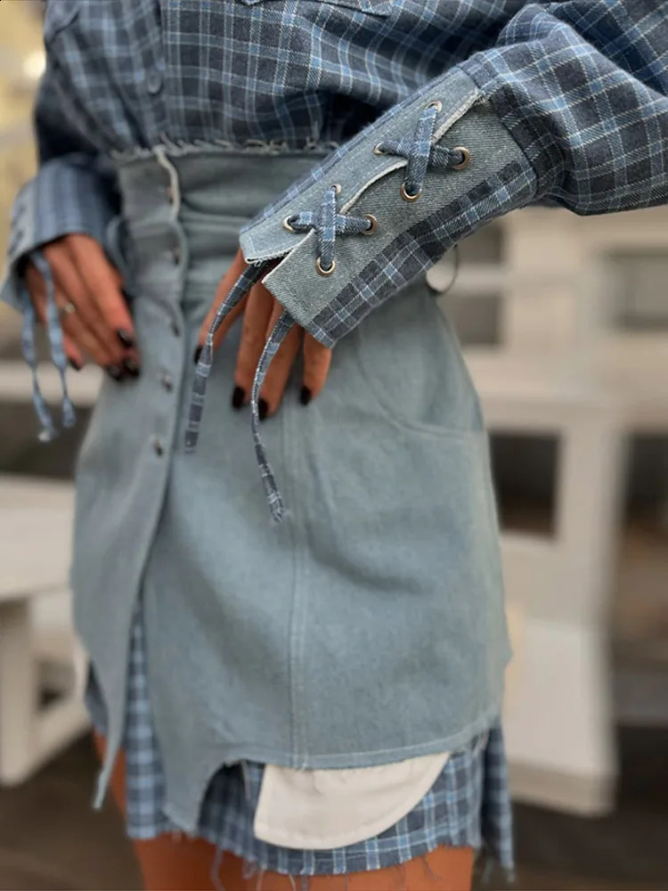 Lapel Color Blocked Shirt Waist Cinching Irregular Hem Short Skirt Set Woman Loose Long Plaid Shirt Patchwork Women Denim Suits 250411
