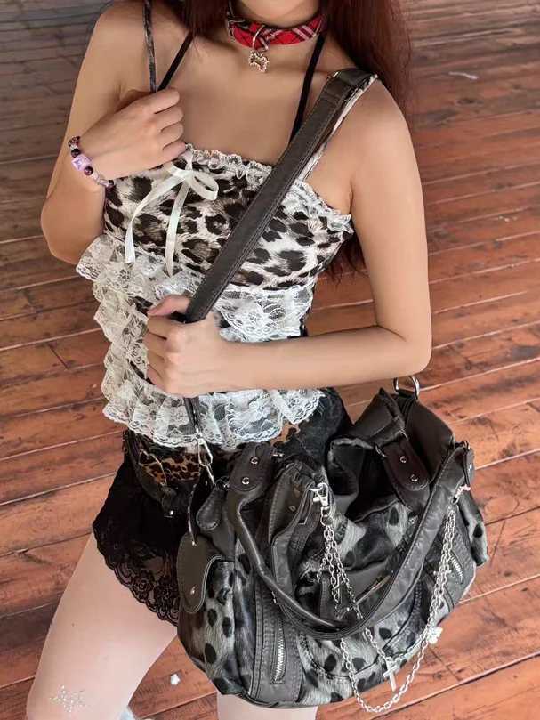 Grey Leopard Print Hangbag Cross Star Subculture Y2k Shoulder Bags Hot Girl Tote Large Capacity Portable Messenger Bag 2024 NewW251111