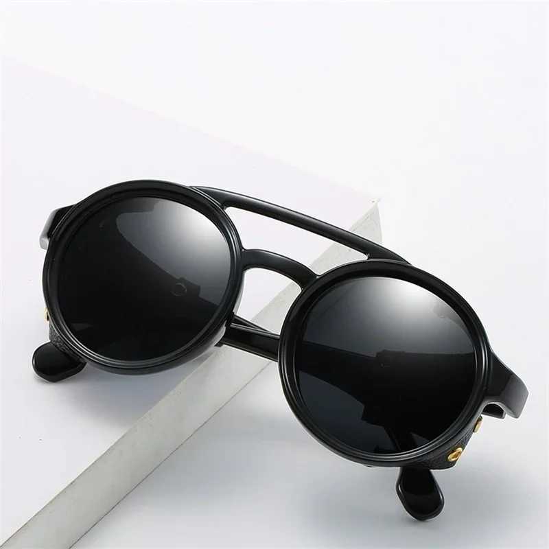 New Punk Style Round Frame Sunglasses UV Protection Men and Women Fashion Sunglasses Personalized Leather Inlaid Glasses Z250411