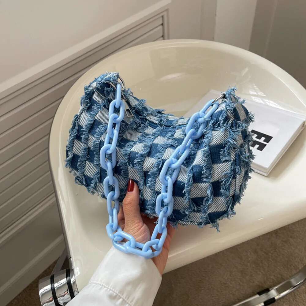 Vintage Women Casual Shoulder Underarm Bag Plaid Pattern Printing Denim Small Purse Ladies Chain Leisure Handbags