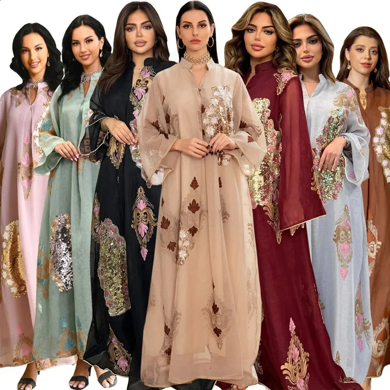 Kaftan Muslim Abaya Women Summer Fashion Long sleeved Vneck sequined long skirt Dubai 250411