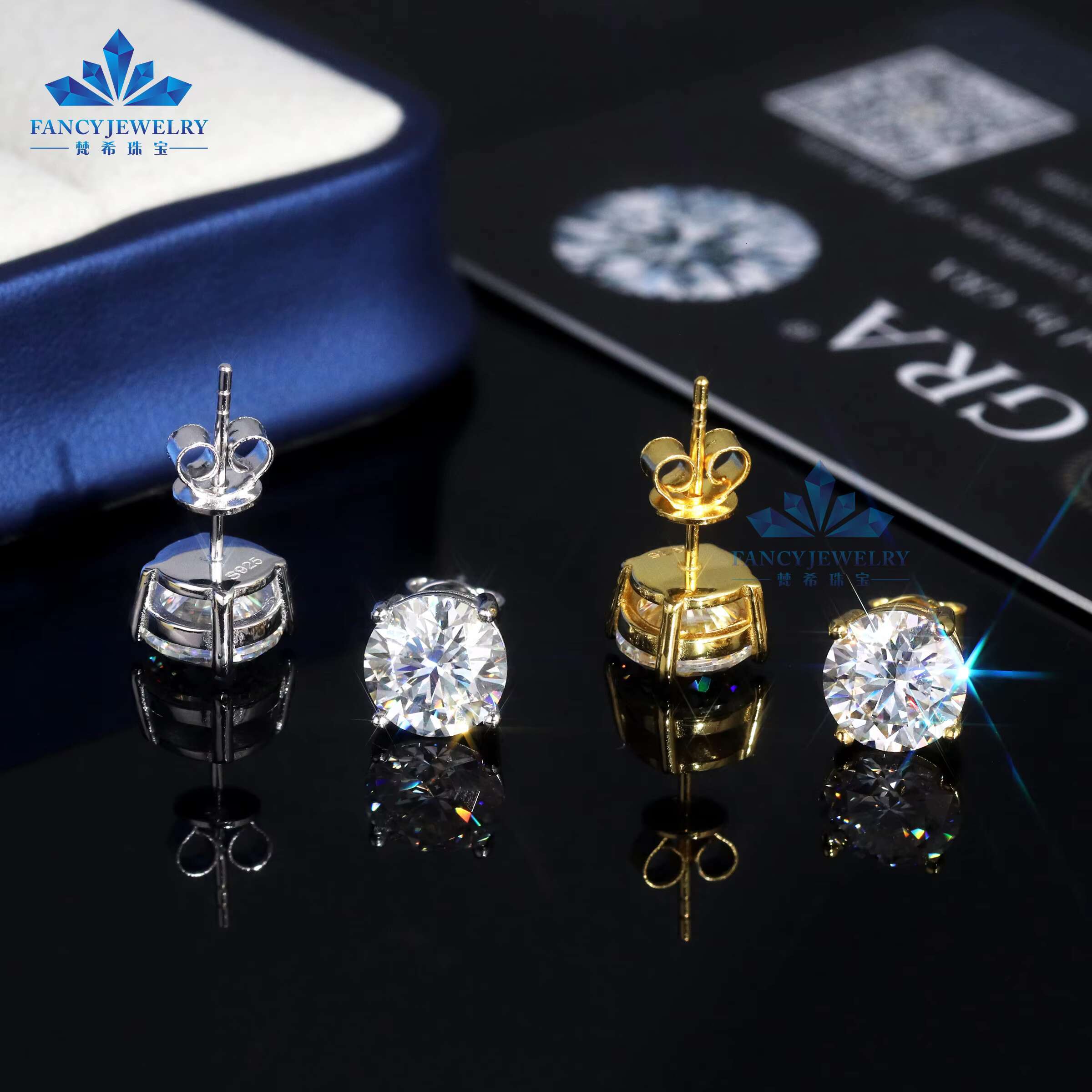 Fine Jewelry 925 Sterling Silver Gold Plated Butterfly Back 4 Claws Round 5MM 6.5MM 8MM 2CT Moissanite Stud Earring