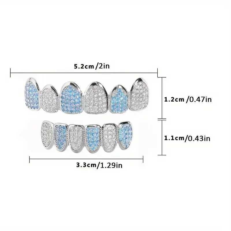 HipHop CZ Tooth Set Neutral Blue Zircon Top Bottom Gold Silver Tooth Cap Removable Teeth Fashion Jewelry W250412