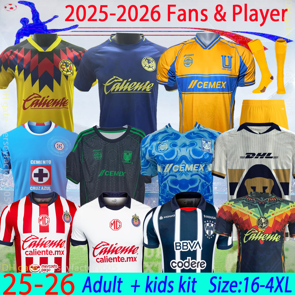 Liga MX 25 26 Tigres UANL Soccer Jerseys 2025 Chivas de Guadalajara Club America Cruz Azul adult kids kits VARGAS Home away Tercer Mexico Pizarro Football kit 16-4XL
