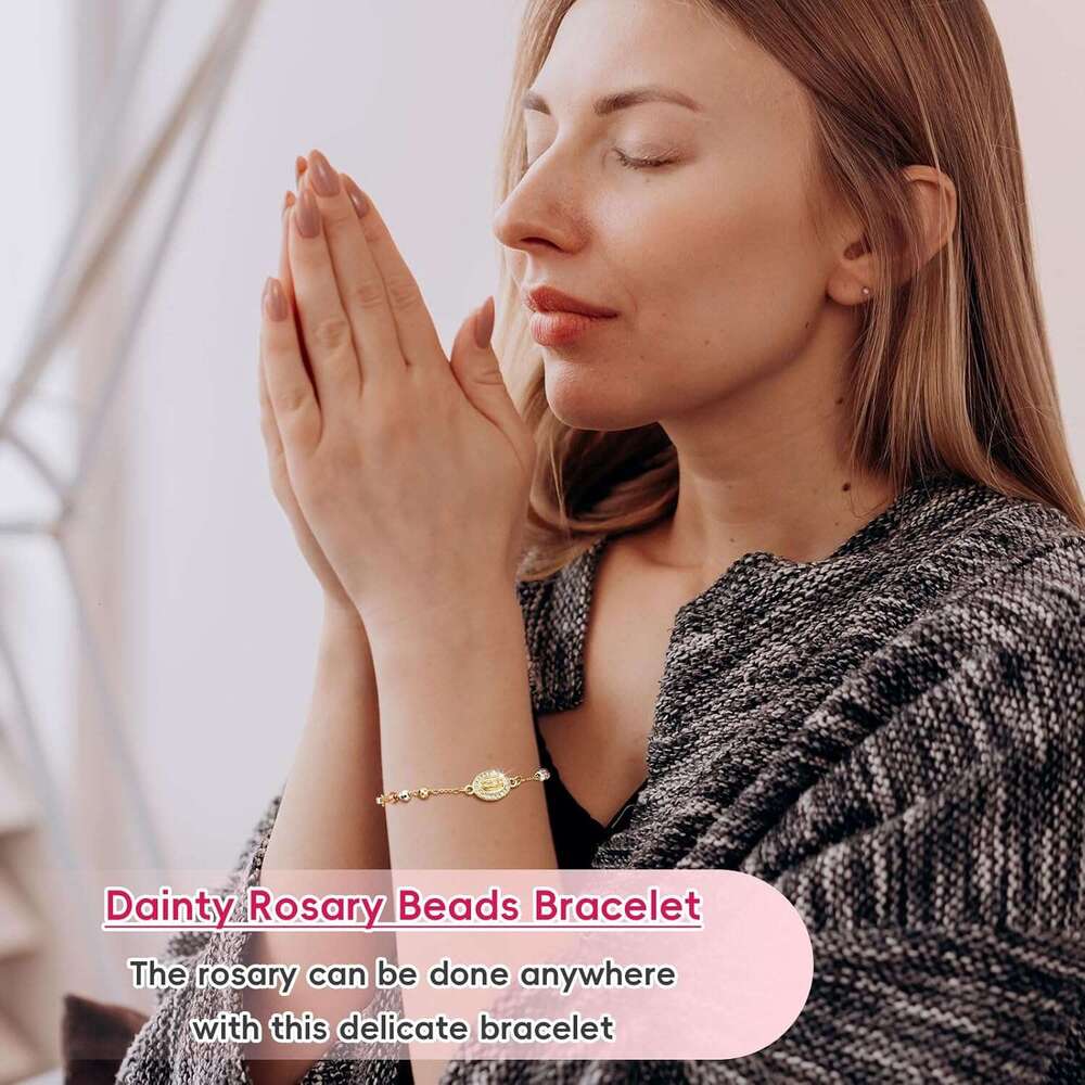 Catholic Crucifix Gifts Rosary Bracelet Women-14K gold plated Virgin Mary Jesus Cross Charm Link Chain, Dainty Virgen de Guadalupe Religious Gift for