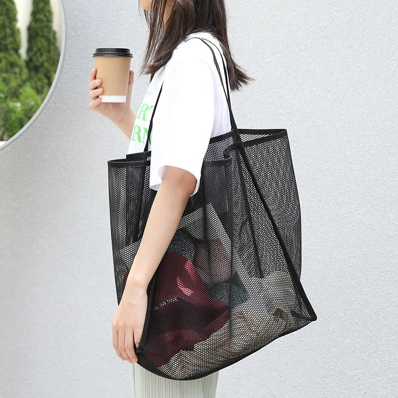 Summer Mesh Bag Hollow Out Large Capacity Shoulder Bags For Women Travel Beach Bag Student Bookbag Shopping Back 250407