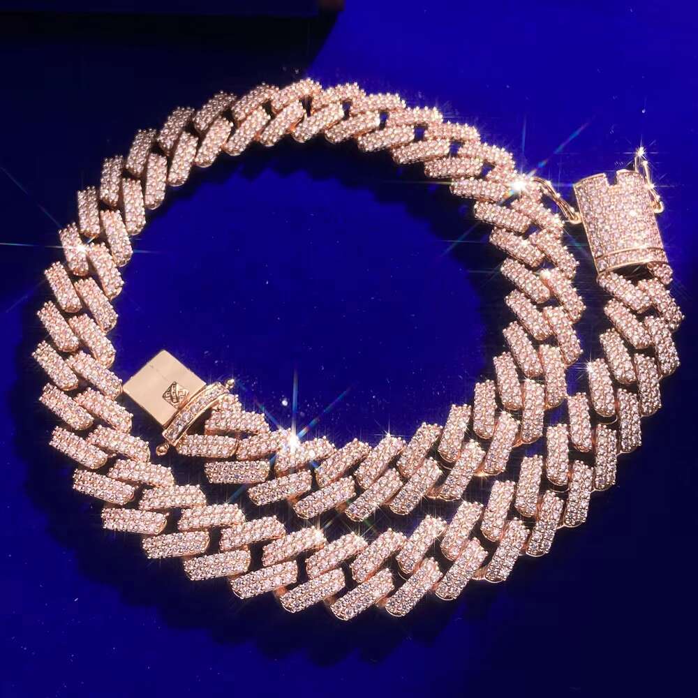 Hip Hop Men Jewelry Cuban Necklace Rose Gold Plated Moissanite Stone Setting Iced Out Cuban Link Chain for Women Men