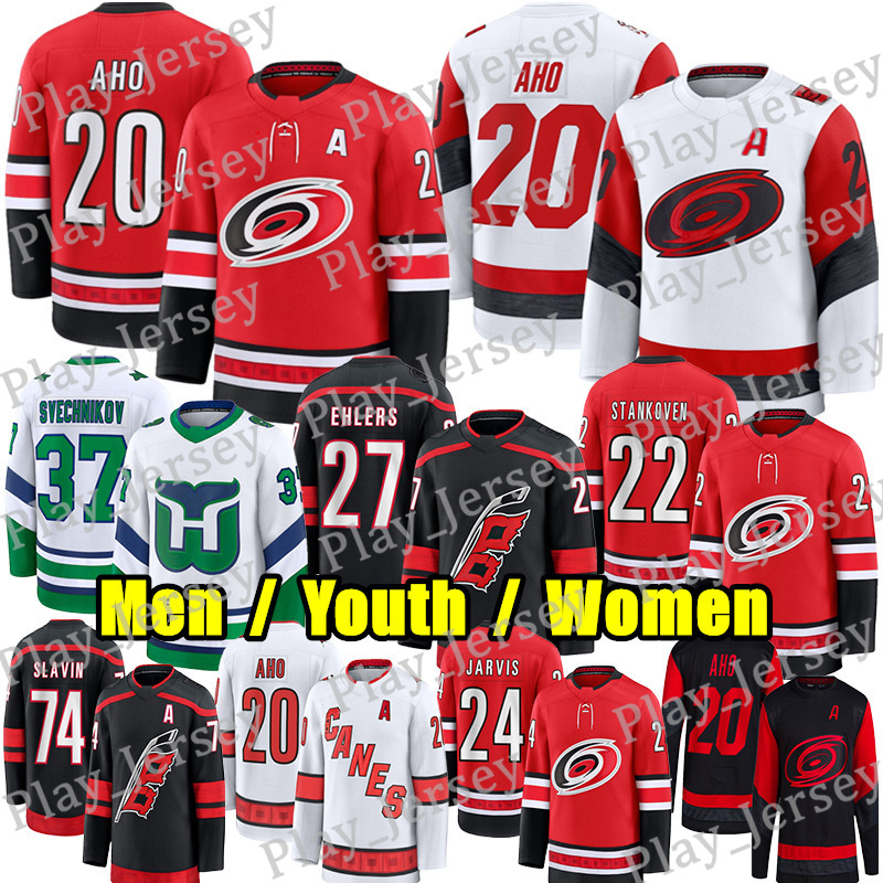 #20 Sebastian Aho Reverse Retro hockey jersey #37 Andrei Svechnikov Brent Burns Frederik Andersen Staal Martin Necas Ron Francis Jaccob Slavin Seth Ja