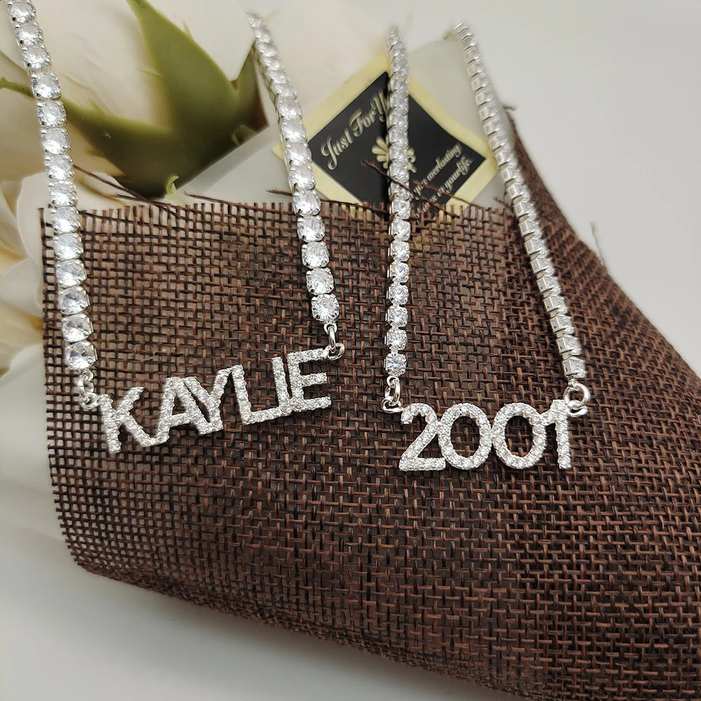 Customized Name Necklace with 9mm Tennis Chain Name Year Necklace Number Personalized Crystal Pendant Christmas or Halloween Gift 250409
