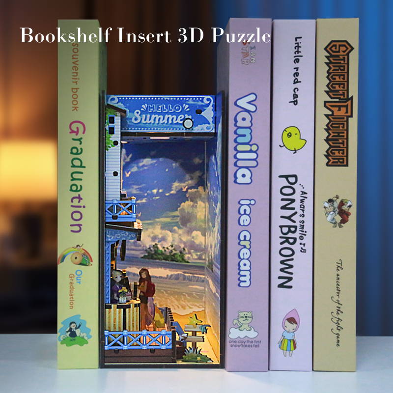 Seaside Street DIY Assembled Bookend, Exquisite Coastal-Themed Wooden Craft with LED Light Effect, Creative Bookshelf Insert Decor-L0321P