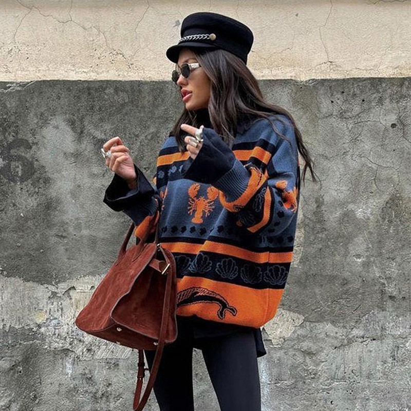 Fall outfits women Women's contrasting color pullover sweater round neck long sleeve autumn and winter casual style street style---NBL141