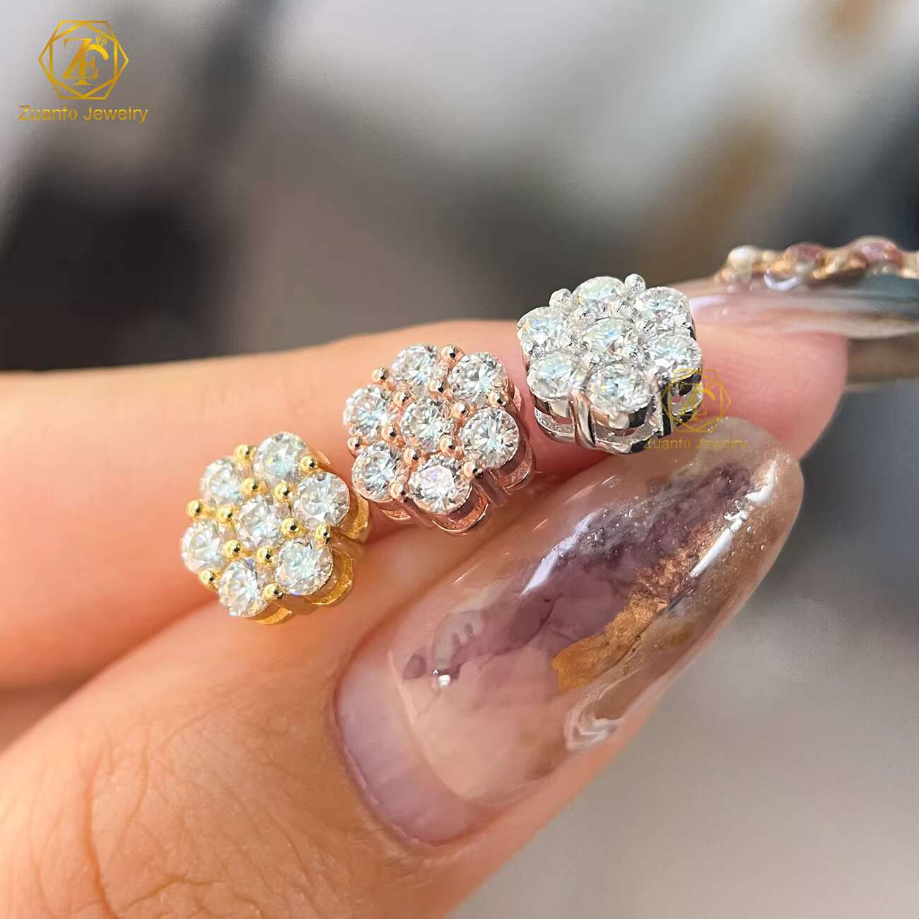 Hot Sale Pass Diamond Tester Hip Hop 925 Silver Gold Plated VVS Diamond Moissanite Flower Cluster Stud Earrings