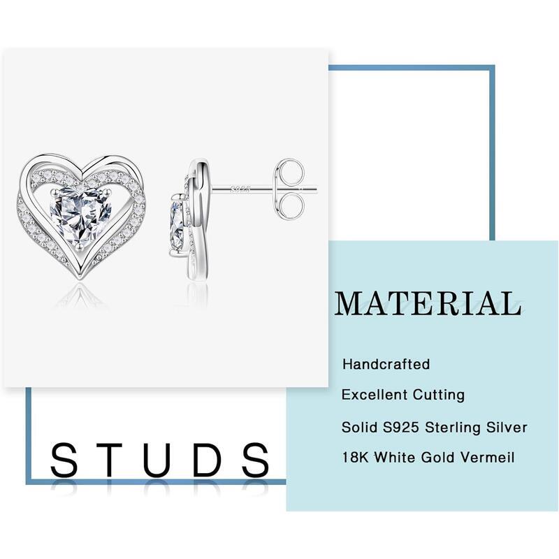 Stud Earrings, Sier Plated Round D Color VVS1 Clarity Moissanite Women Birthday Gift, Anniversary Gift Women's Heart Shape Earrings
