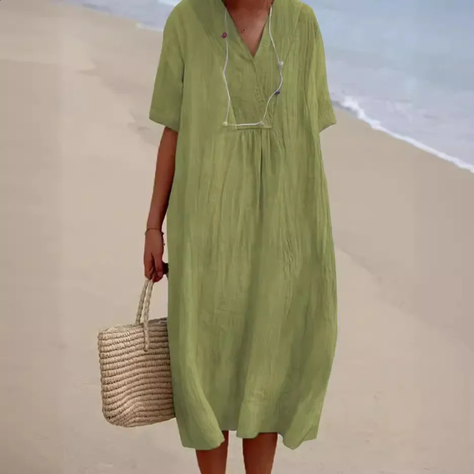 V-neck Short Sleeve Dress Solid Cotton Linen Denim Dress for Women Spring /summer Loose Korean Style Big Size Summer Dresses 250411