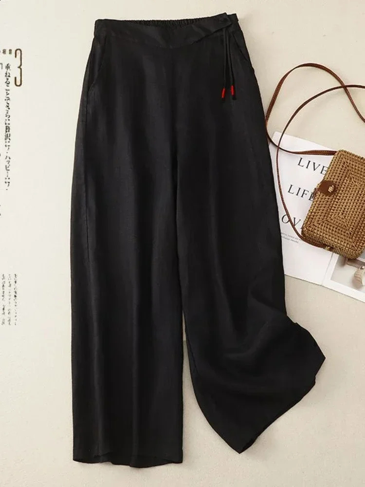 Retro Art Summer Wide Leg Pants Womens Elastic High Waist Cotton and Linen Casual Pants Loose Straight Yellow Womens Pants 250408