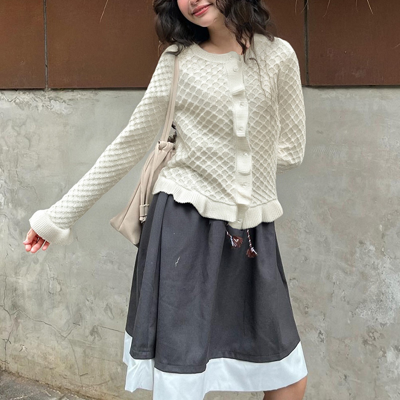 Autumn and winter women's clothing, women's solid color casual street style, slim round neck fashionable cardigan, lace design long sleeve, 