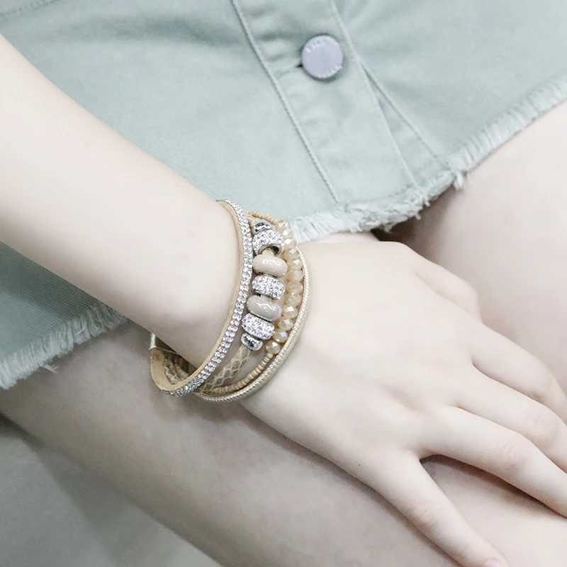 Amorcome Multilayer Leather Bracelets for Women Magnetic Clasp Boho Ceramic Bead Charm Wrap Bracelet Female Jewelry DropshippingC250411
