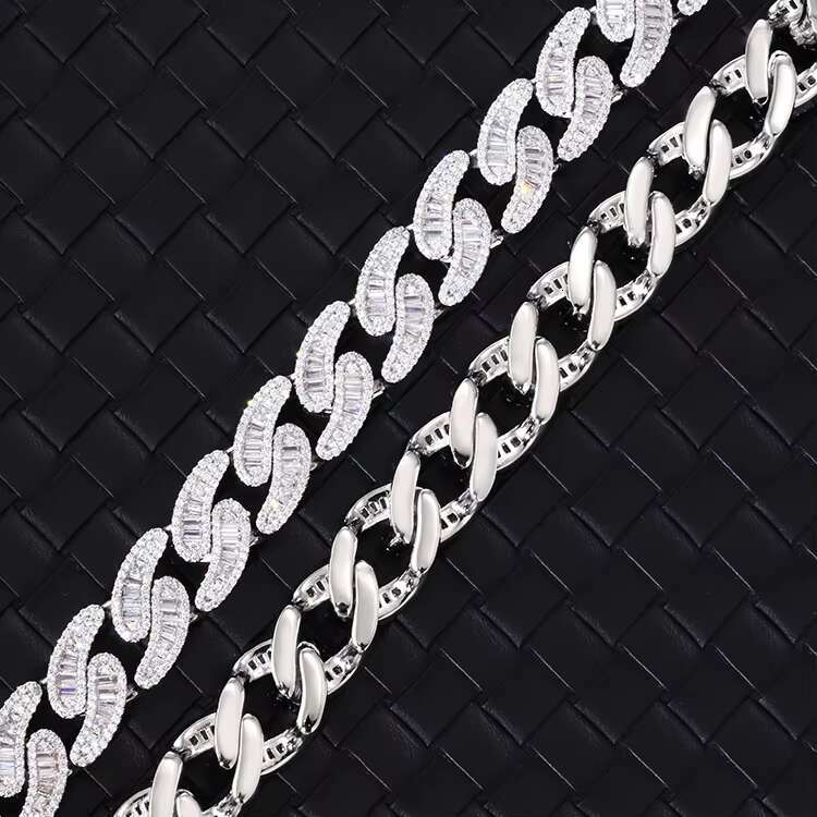 15MM Wide Baguette Moissanite Sterling Silver 925 Plated Real Gold With Vvs Moissanite Diamond Cuban Link Chain for Hip Hop Life