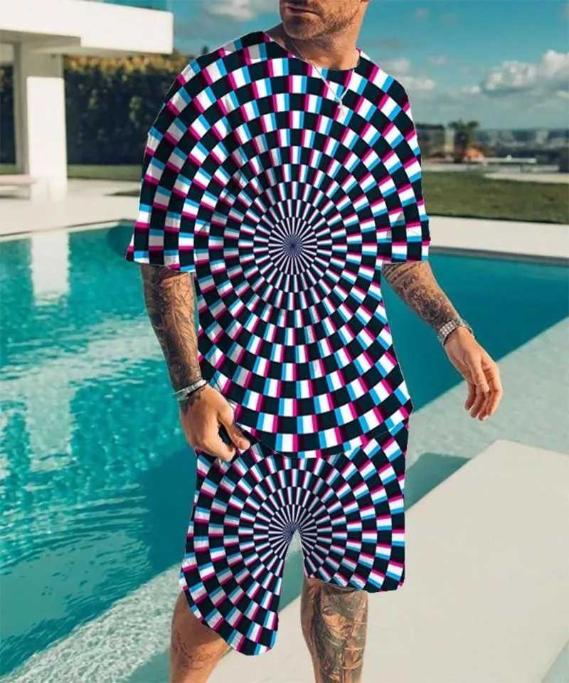 2024 new mens round neck T-shirt set with printed optical illusion pattern T-shirt two-piece set fashionable mens summer T-shirt setXJ250412