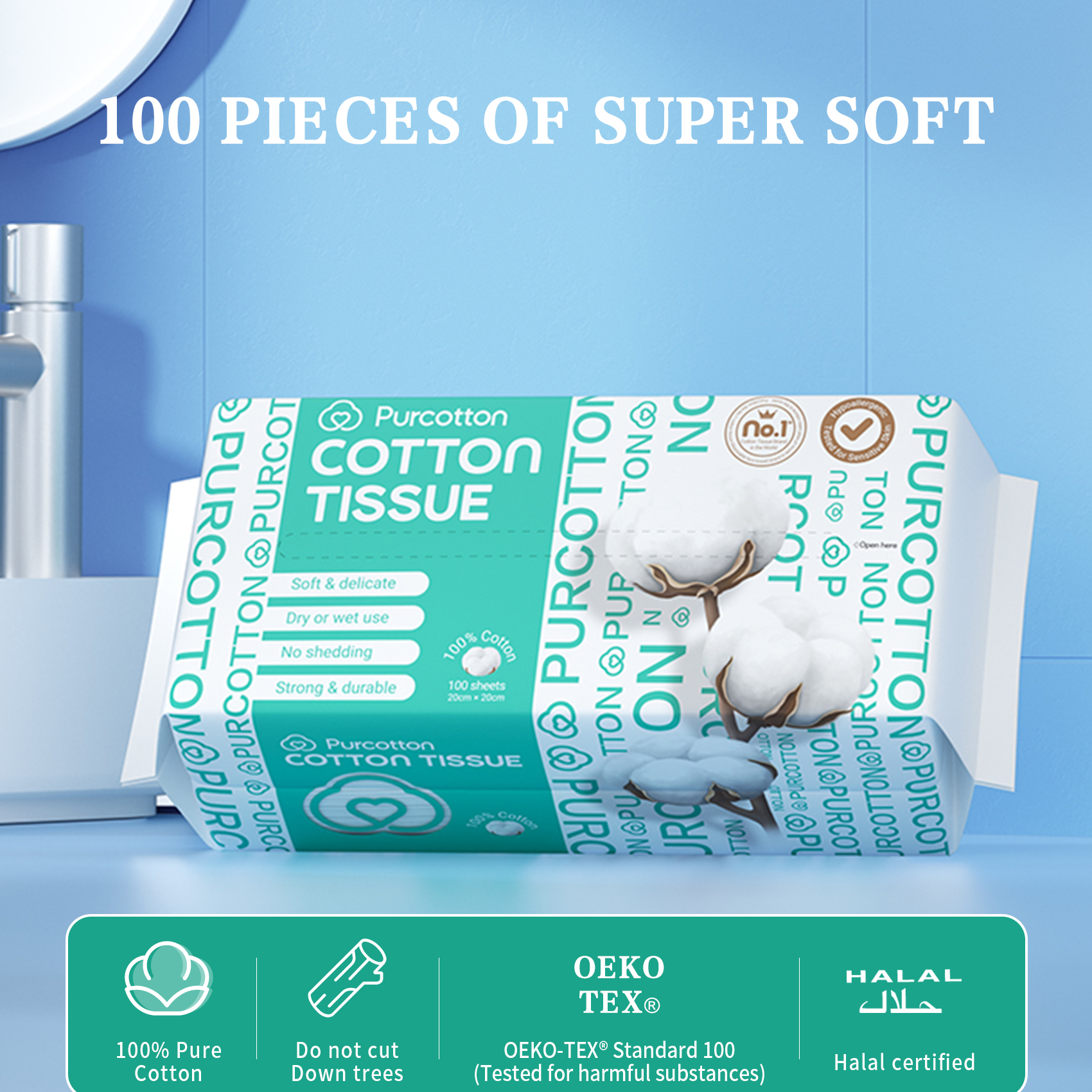 Hypoallergenic 100% USA Cotton Soft Face Towels - 300 Unscented Disposable Tissues for Sensitive Skin & Makeup Removal, 48 Pack