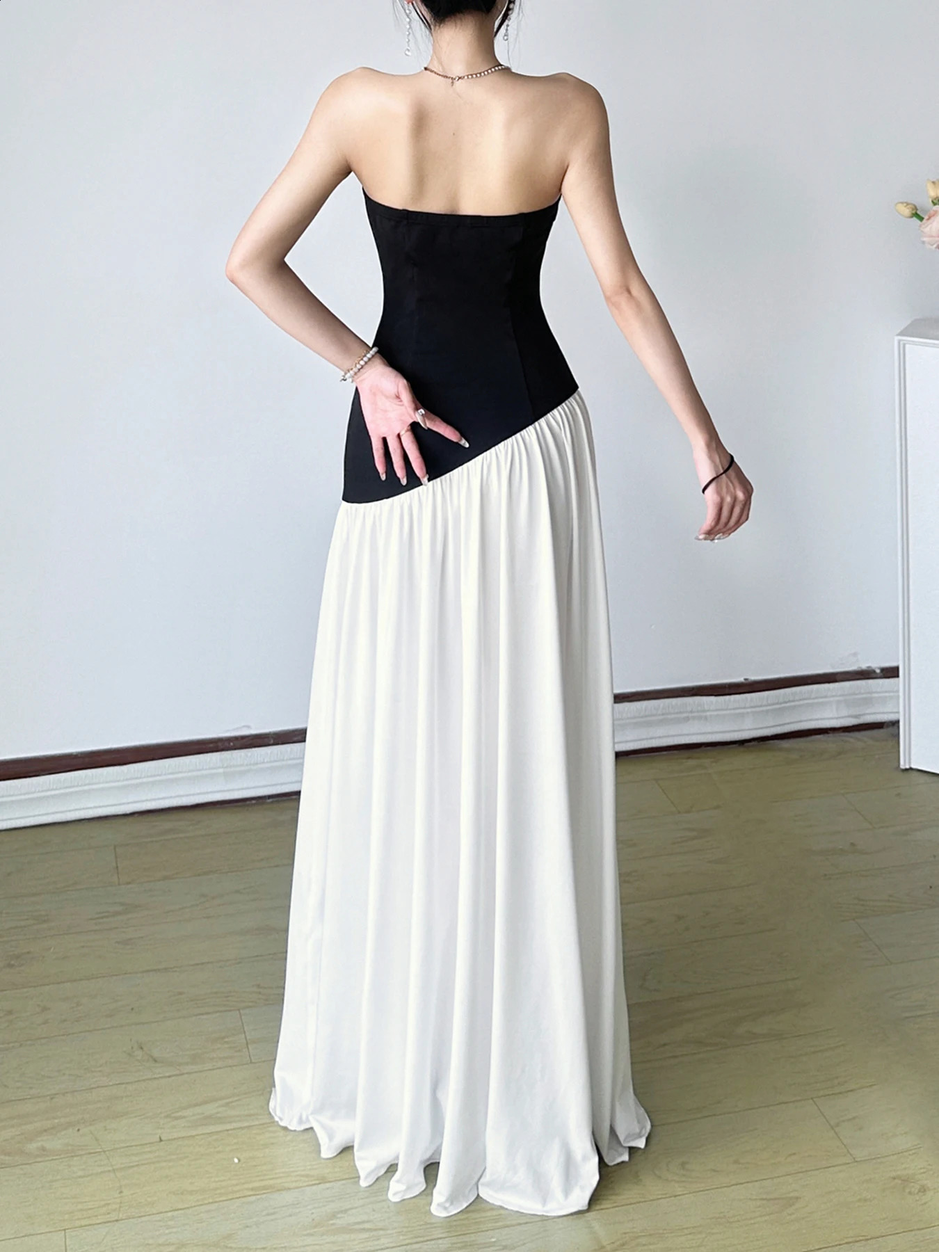 IAMSURE Elegant Fashion Slim Patchwork Split Tube Dress Holiday Sexy Slash Neck Sleeveless Maxi Dresses For Women 2025 Summer 250411