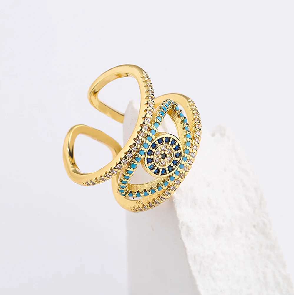 Mafisar Tren Hollowed out Trkiye Blue Cubic Zircon Evil Eye Ring Female Gold Plated Fashion Jewelry Girl Party GiftXJ250412
