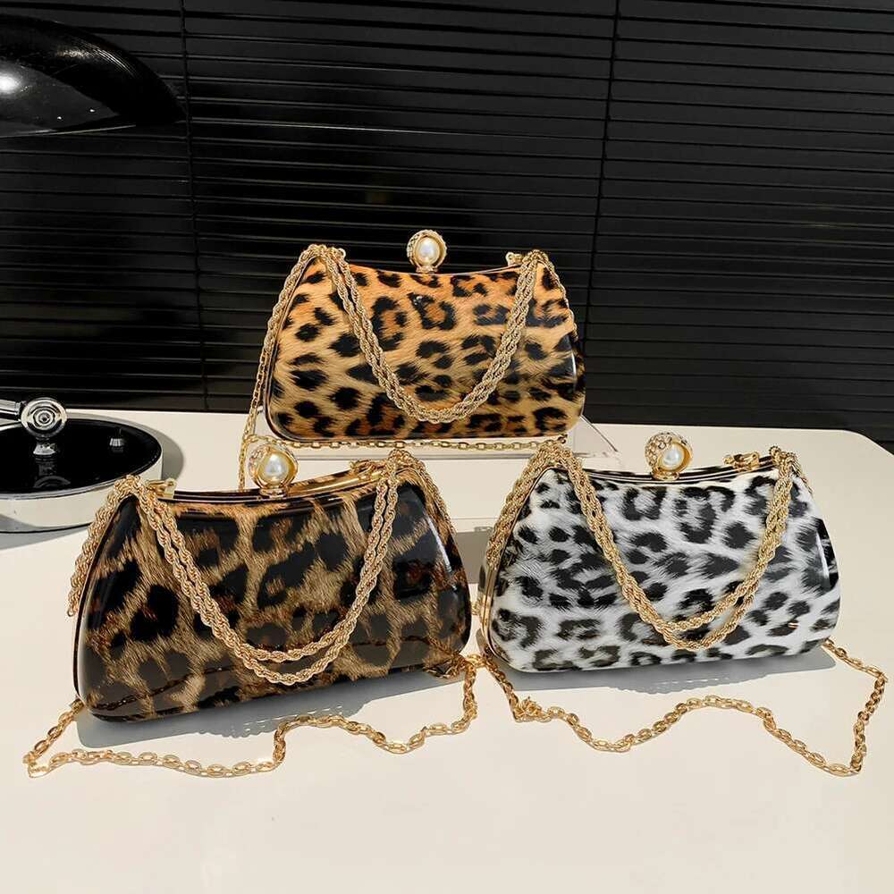 Leopard Crossbody Bag Chain Women Handbag Rhie Clutch Purse Top Handle Satchel for Wedding Party Prom